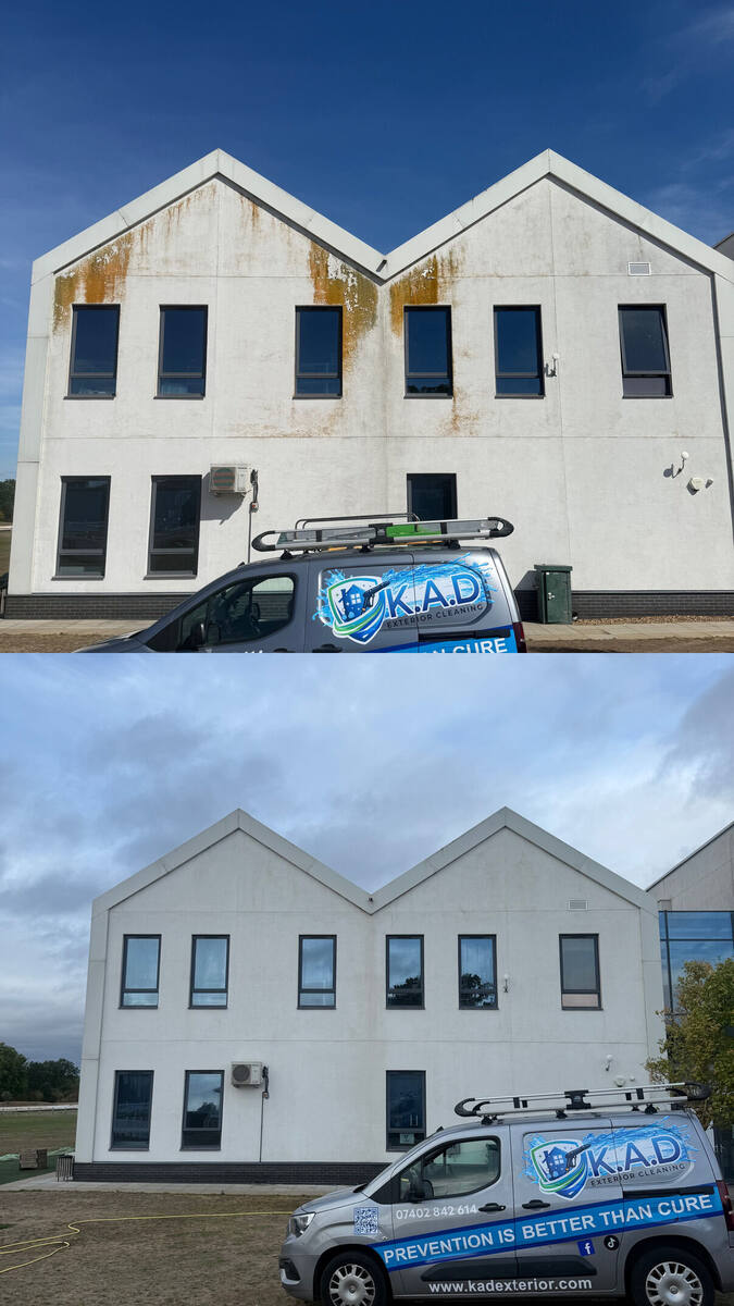 Kent County Cricket Club main building before and after render clean, algae and rust staining removed
