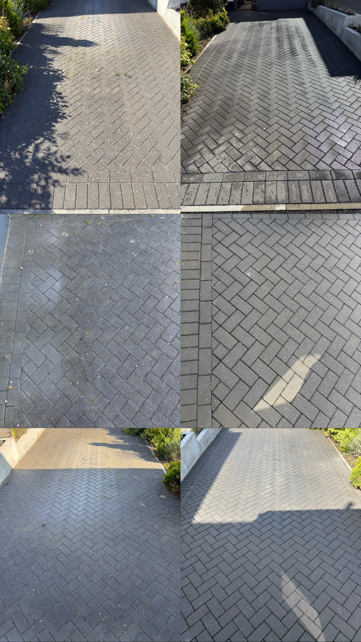 Herringbone block paving driveway before and after cleaning