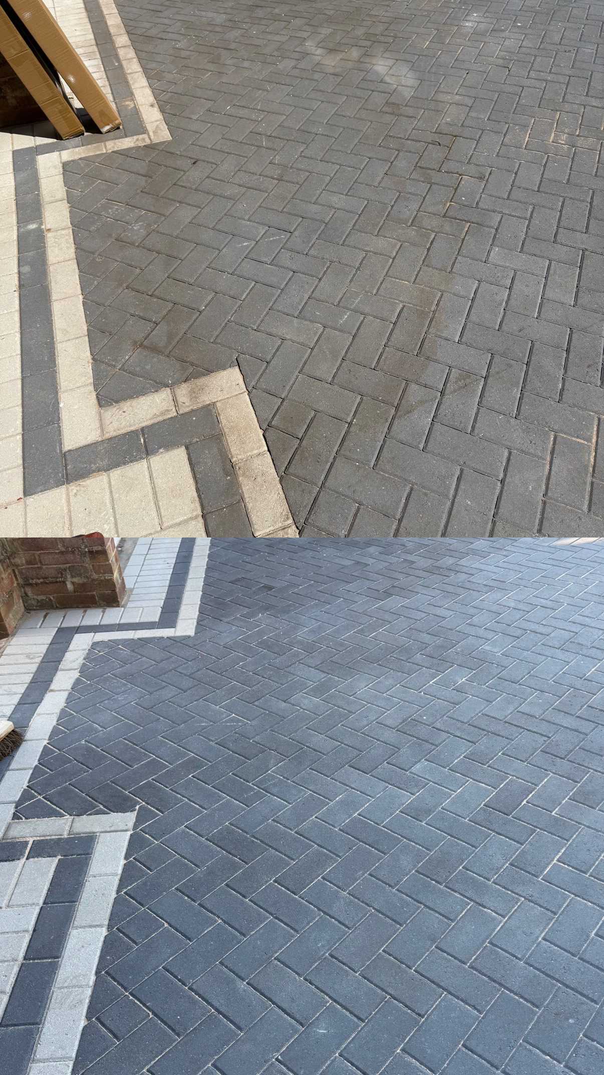 Block paving driveway before and after cleaning, close detail