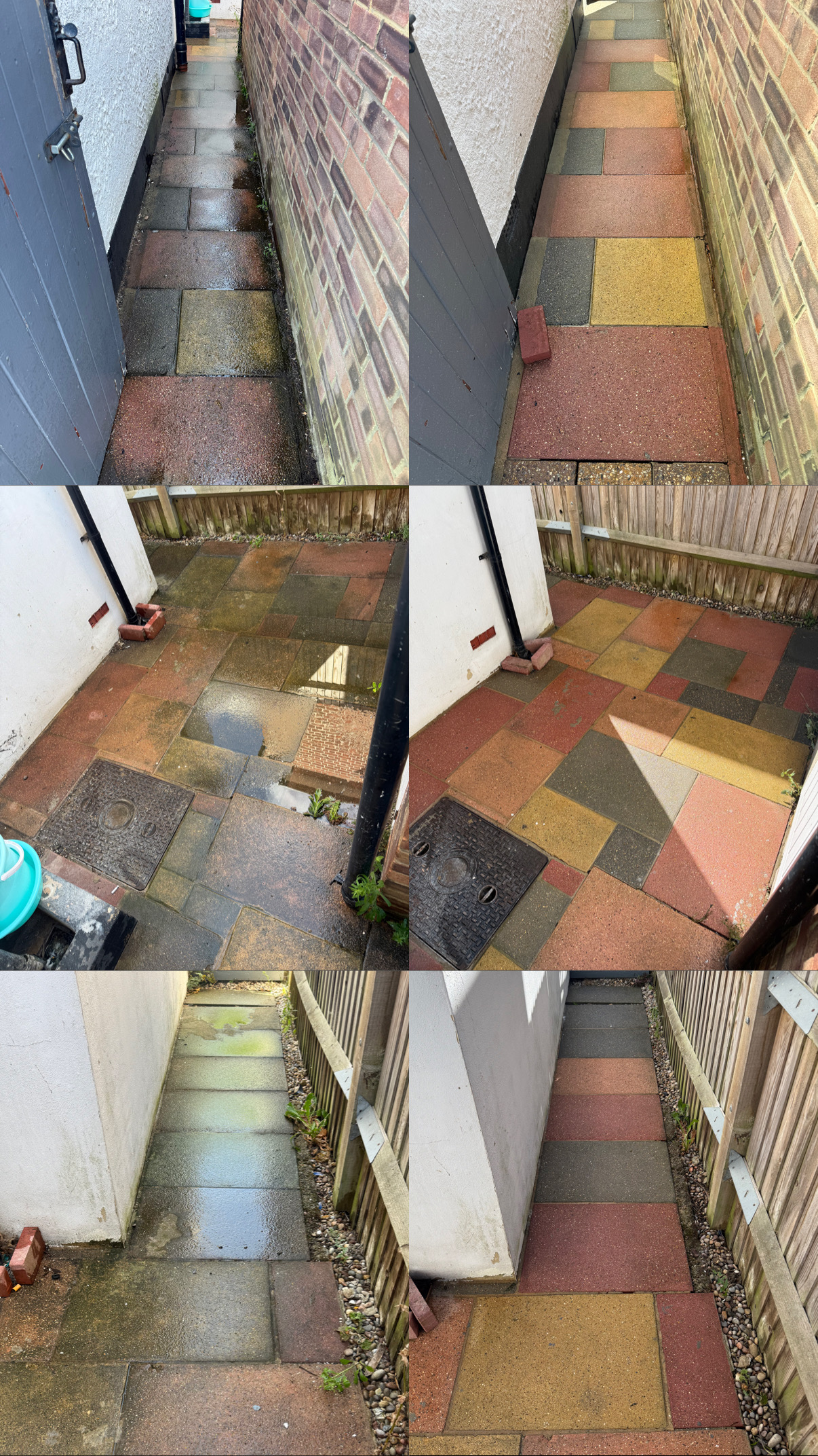 Side passage pathway before and after clean, multi-coloured paving
