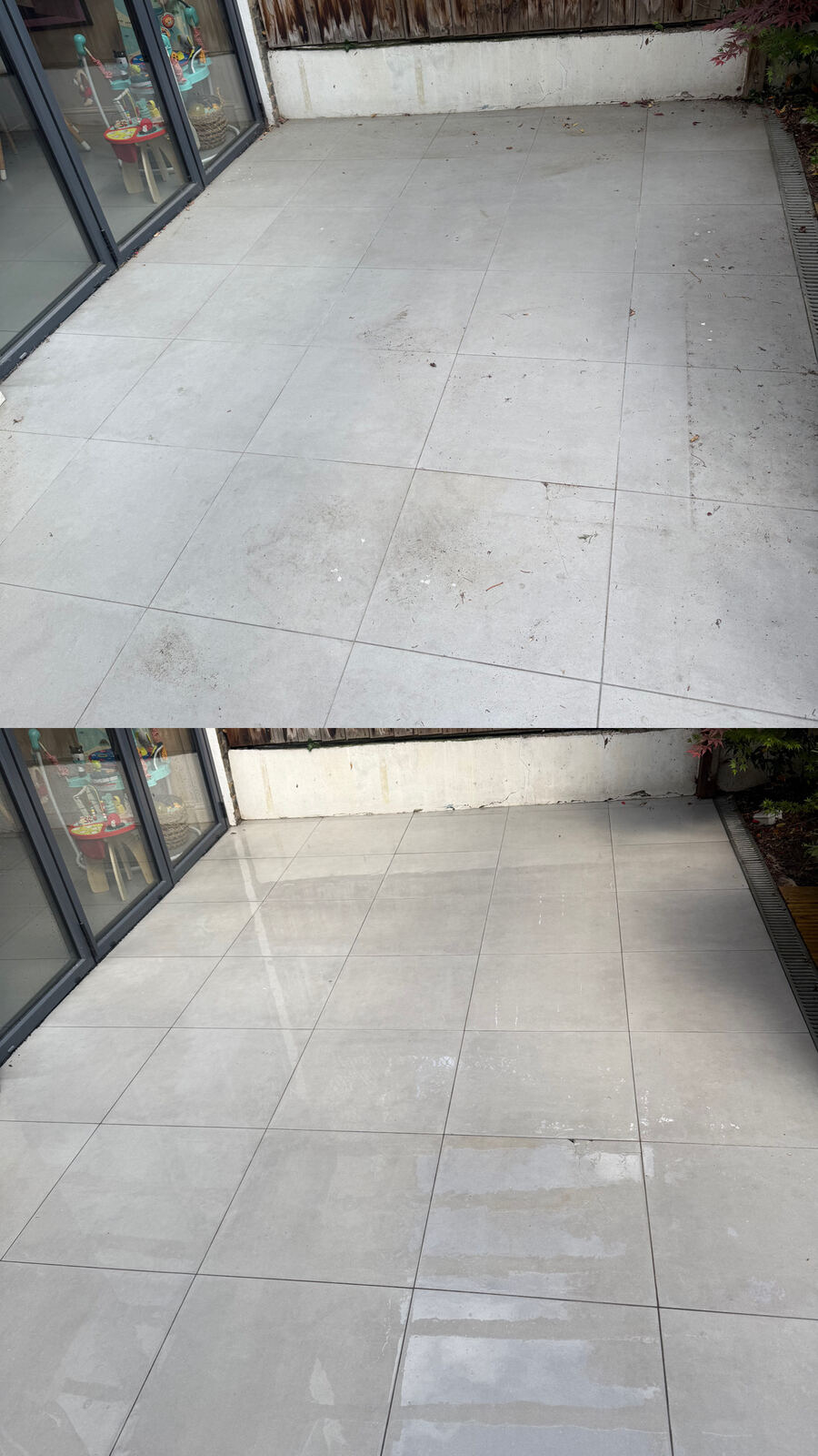 Porcelain patio before and after clean