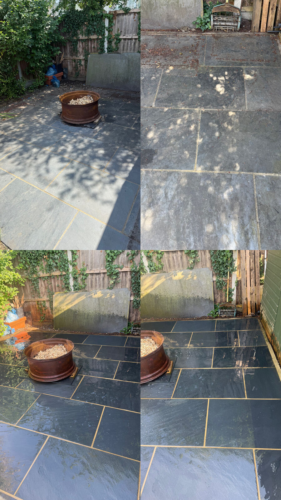 Dark sandstone patio before and after clean, garden fire pit area