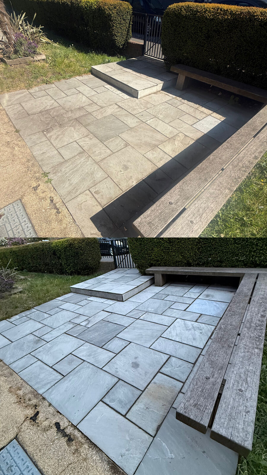Sandstone patio before and after clean, with bench