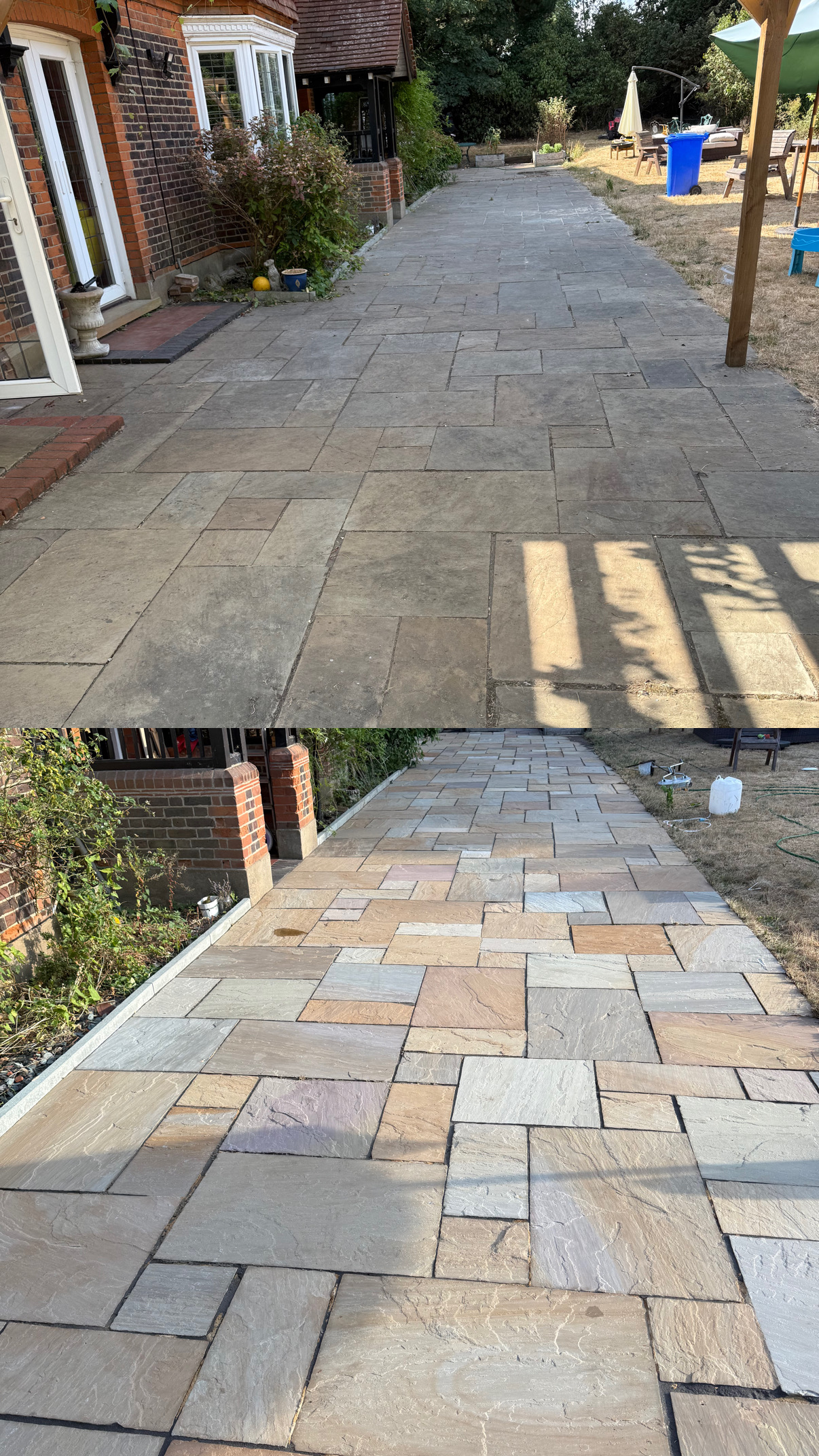 Sandstone patio pathway before and after clean, black spot removal