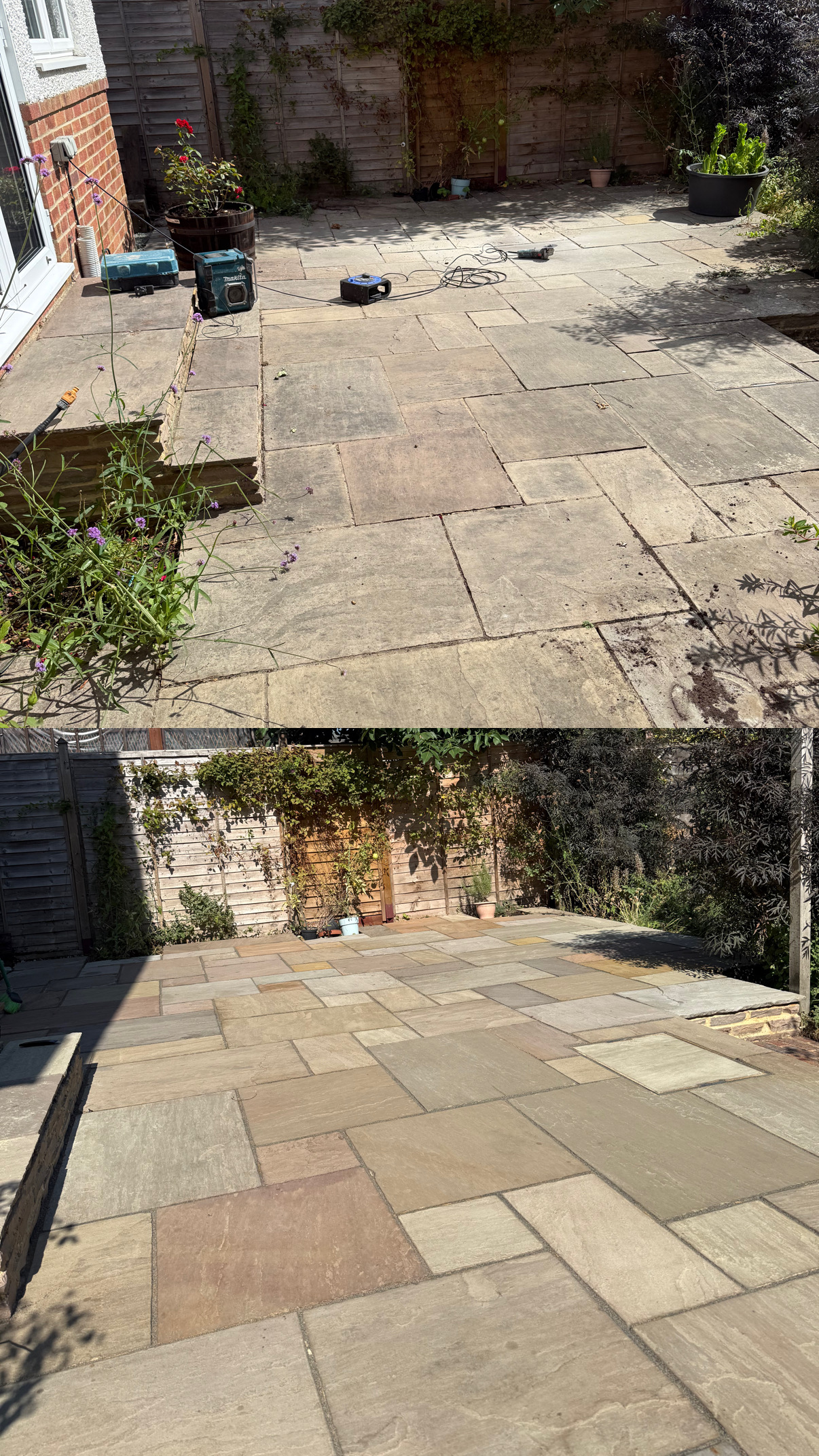 Rear garden sandstone patio before and after clean, regrouted