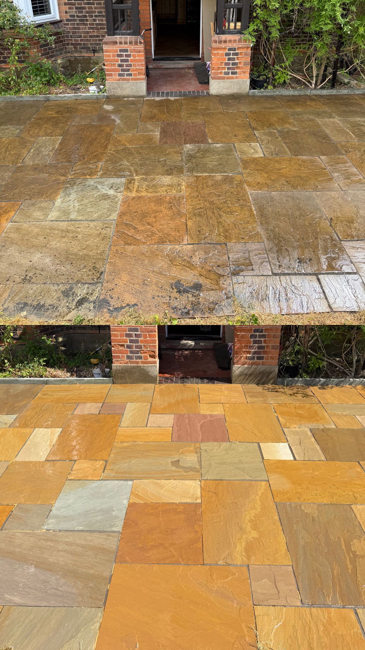 Golden sandstone patio before and after clean, front entrance