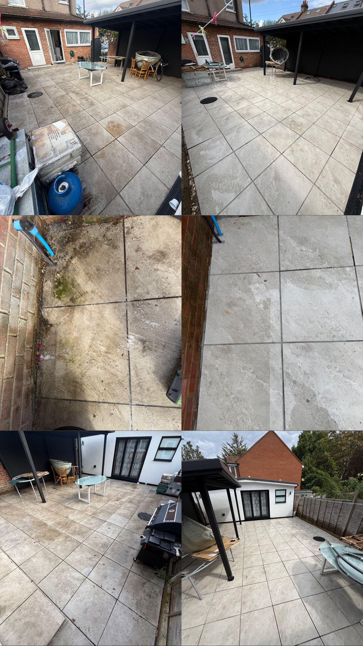 Large format patio before and after clean, pergola area