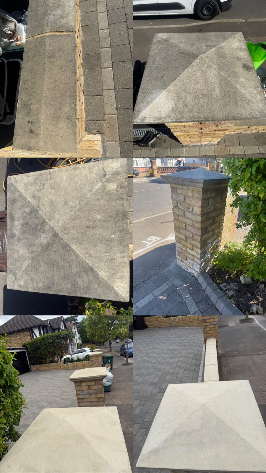 Gate pier and stone cap cleaning before and after