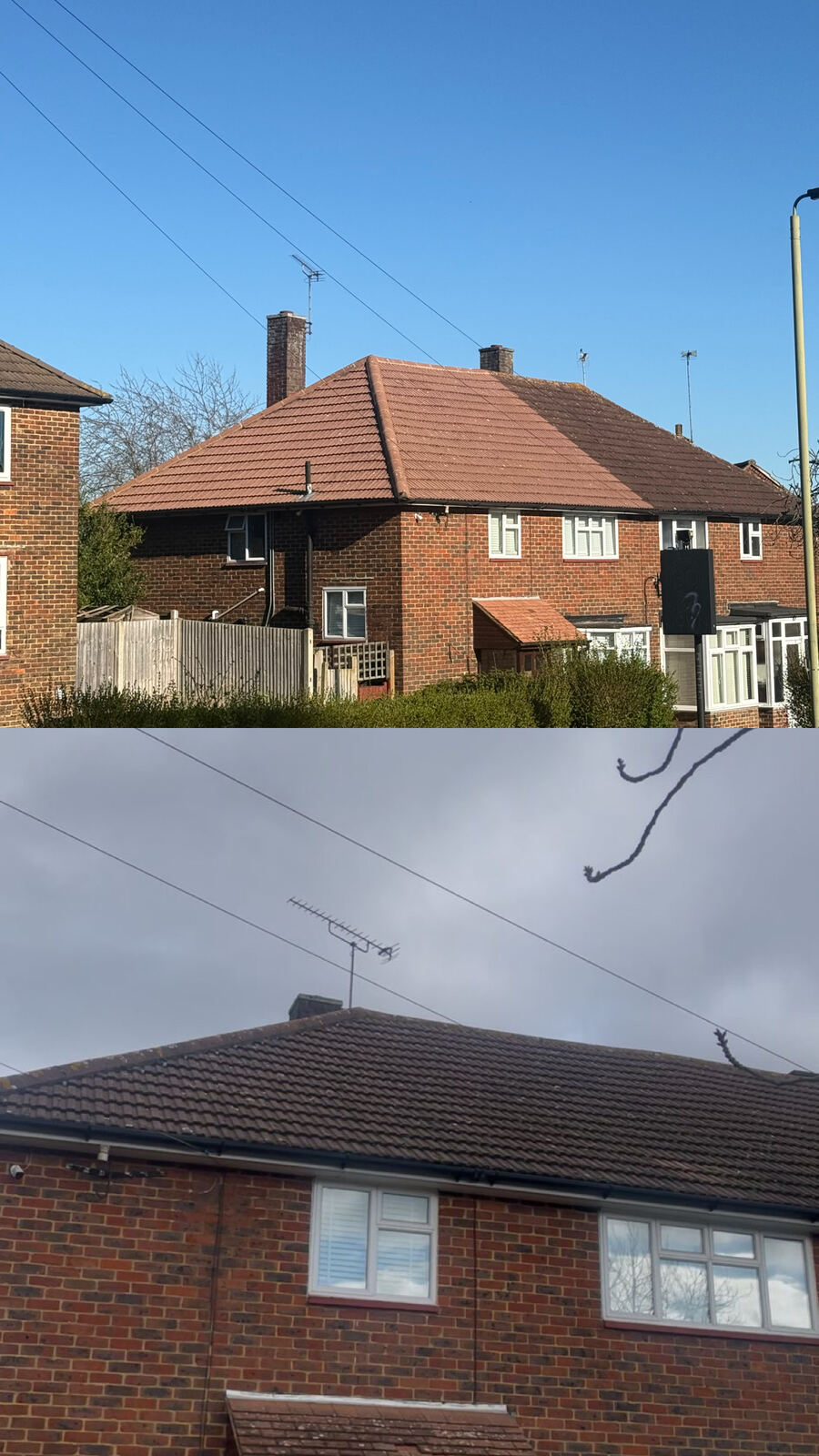 Hipped roof before and after moss removal