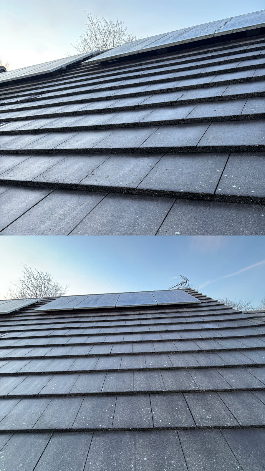 Close-up of roof tiles before and after cleaning