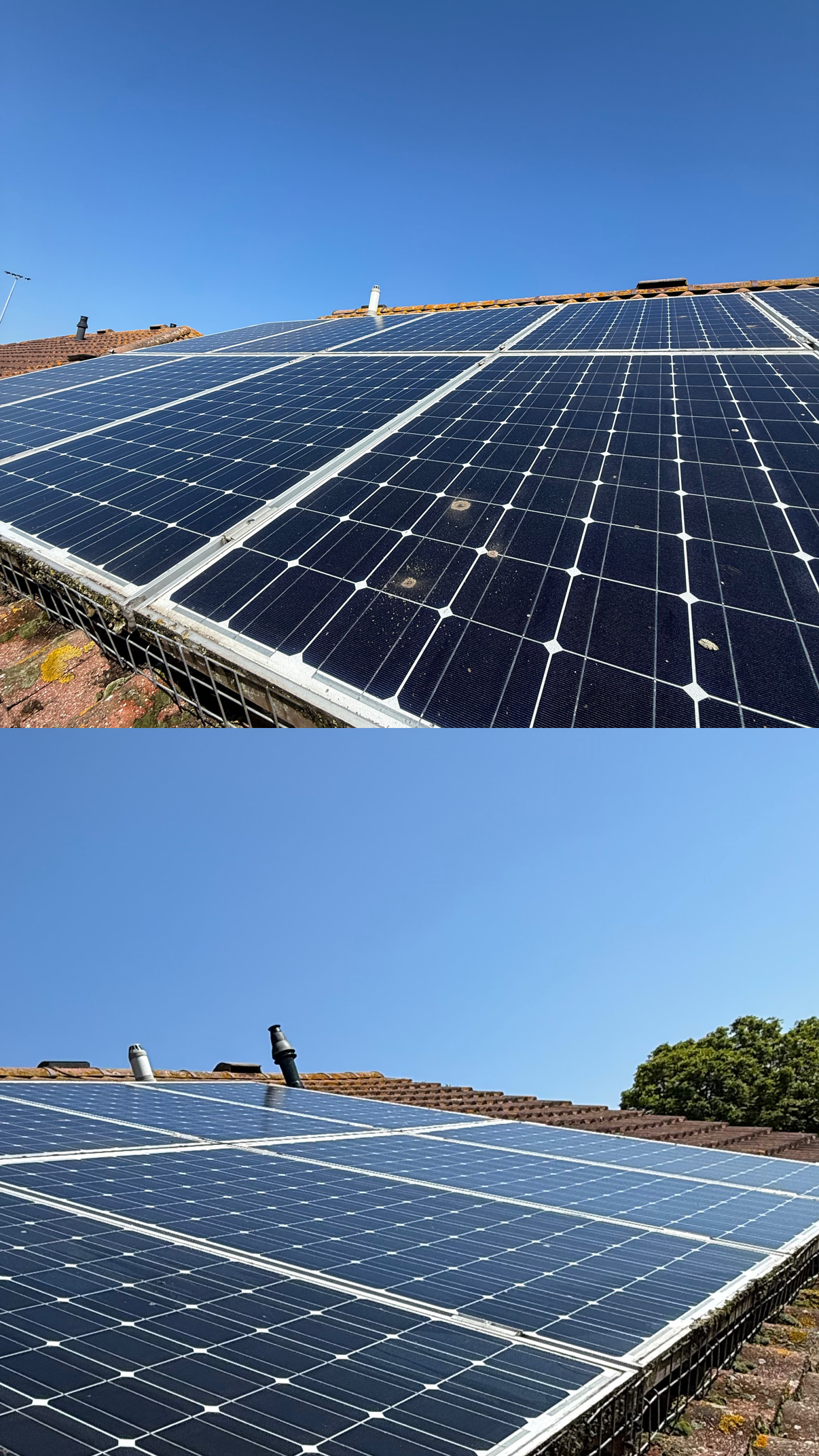 Solar panel before and after clean on a pitched roof