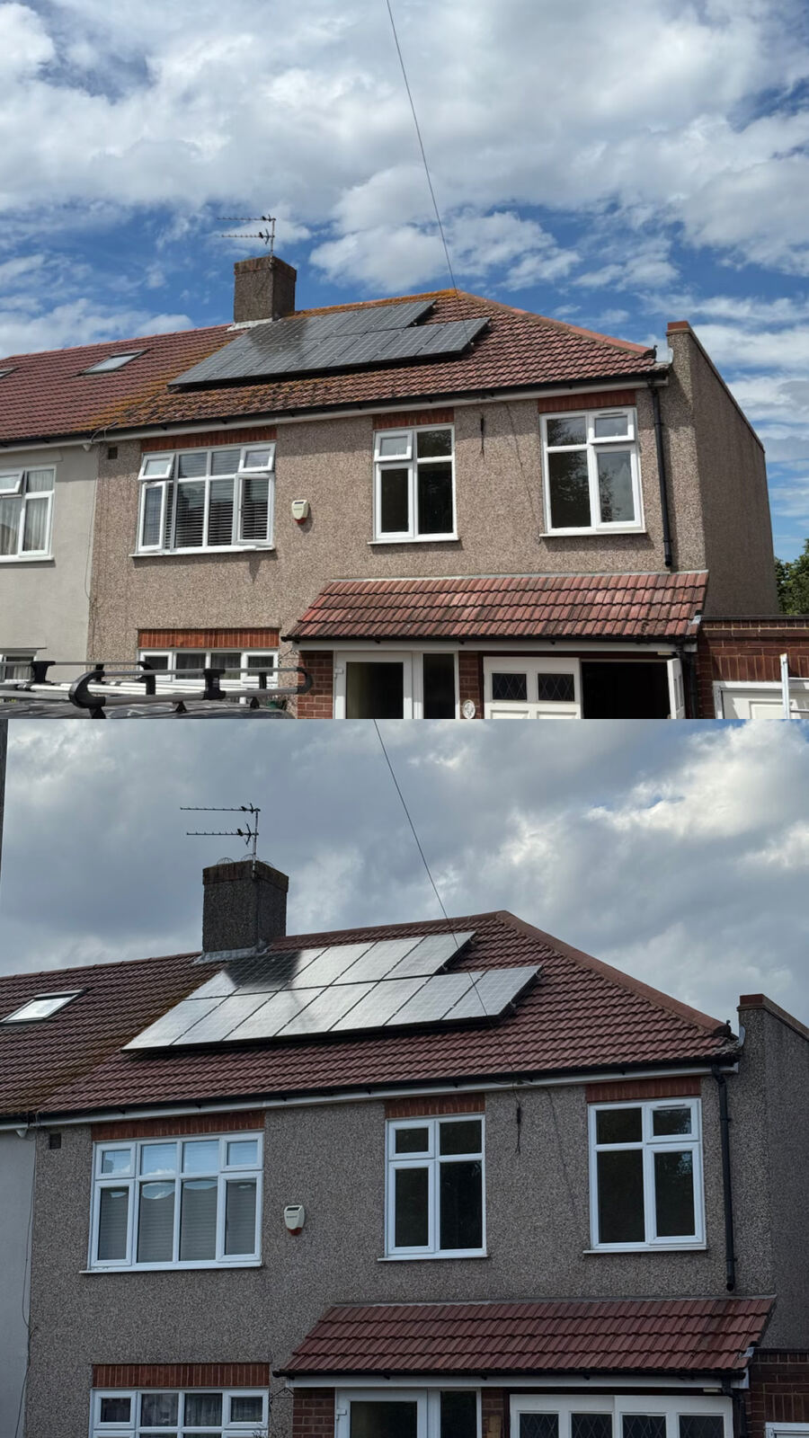 Roof and solar panel before and after clean on a pitched roof